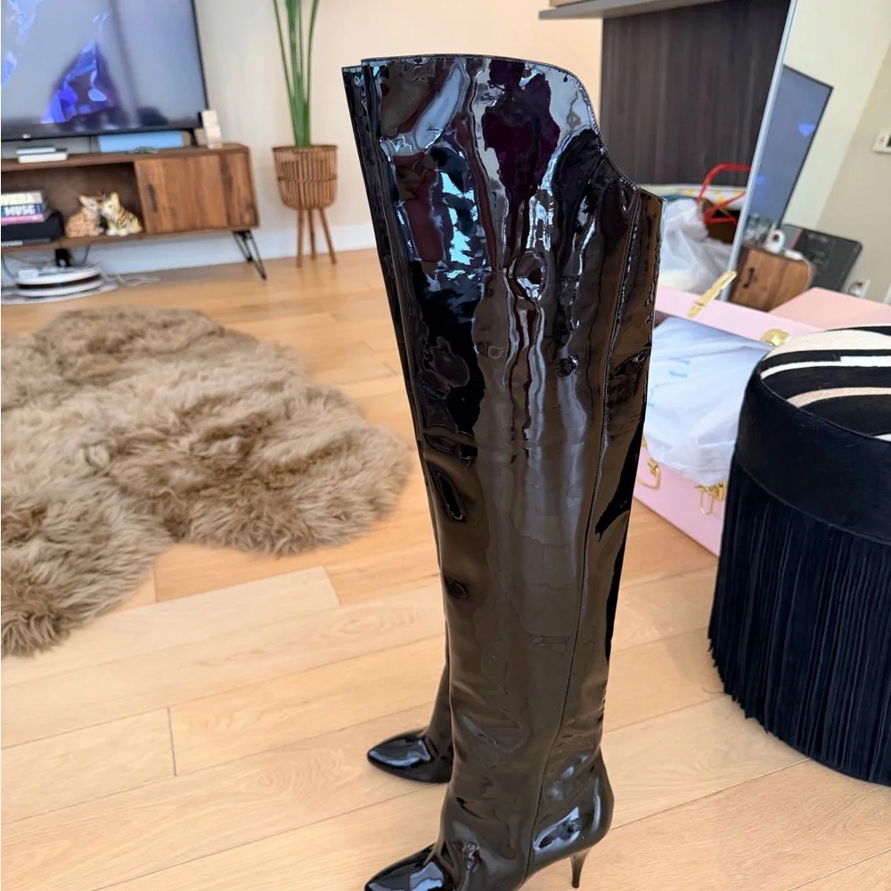 Saint Laurent Black Patent Leather Over-the-Knee Boots - Picture 4 of 5